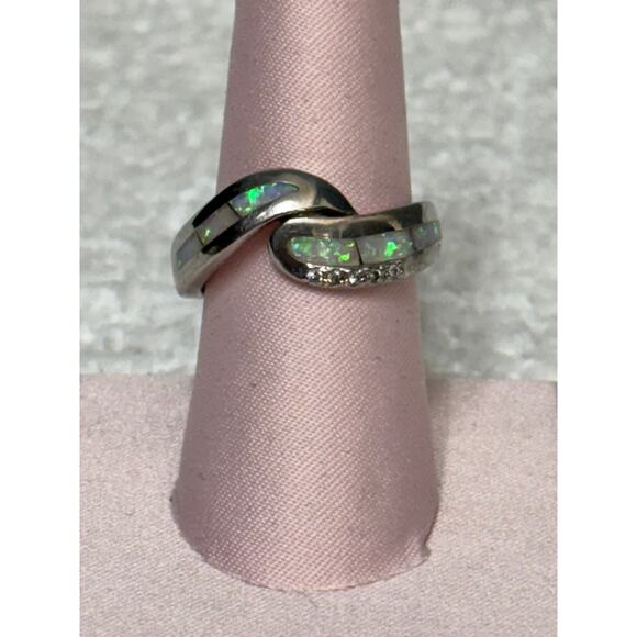 Unbranded Jewelry - AK Sterling Silver Created Opal CZ Accent Bypass Ring Size 8 #62364